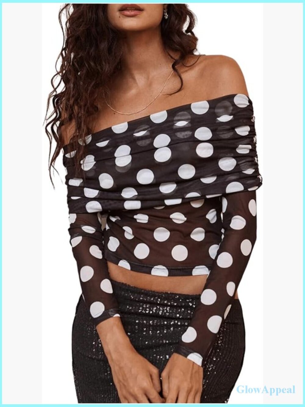 Mesh Polka Dots Off Shoulder Crop Top Ruched Long Sleeve Slim Fit Sheer Tee